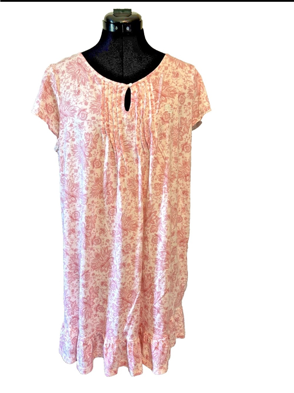 LRL Lauren Ralph Lauren Nightgown Women's L Ivory Pink Floral Short Sleeve